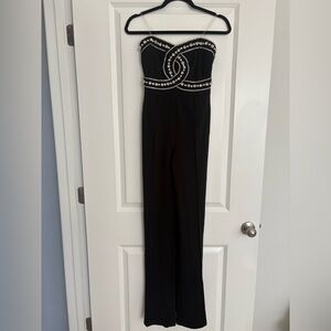 Elegant Black Strapless Jumpsuit with Diamond Studding